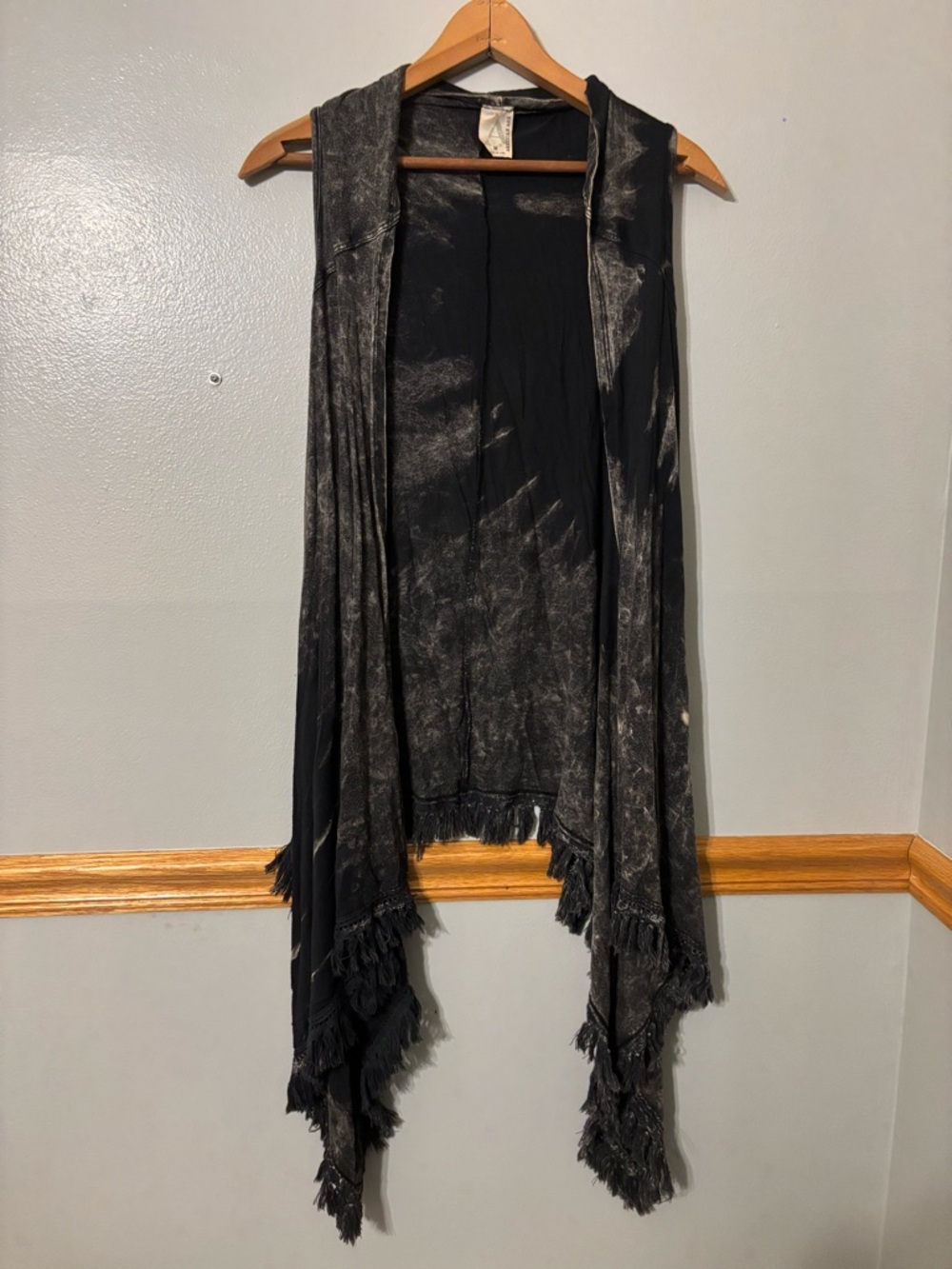 American Age Western Black Tie Dye Cardigan Fringe Vest Shall Large Cowgirl